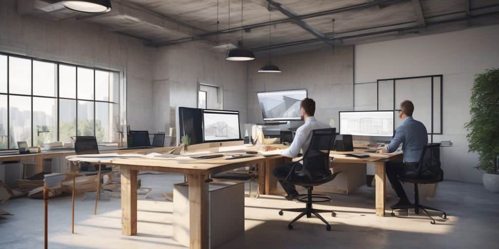 architects using BIM software on computer in construction office