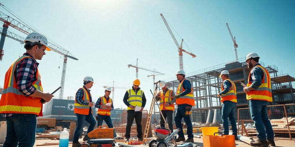 Trabalhadores da construção colaborando em um canteiro de obras.