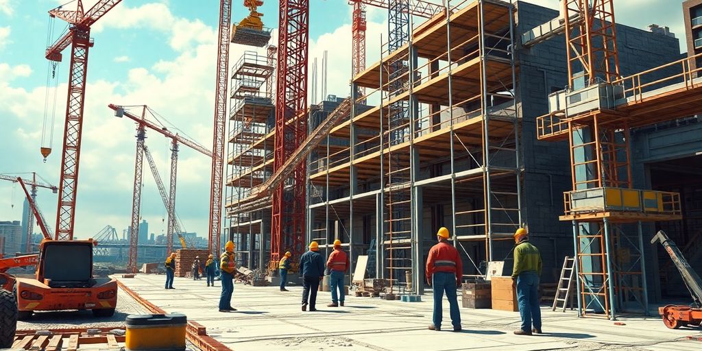 Imagem de um canteiro de obras com trabalhadores.