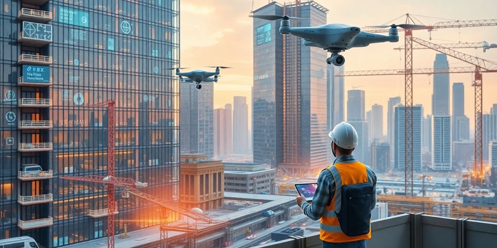 Construção digital avançada com edifícios futuristas e drones.