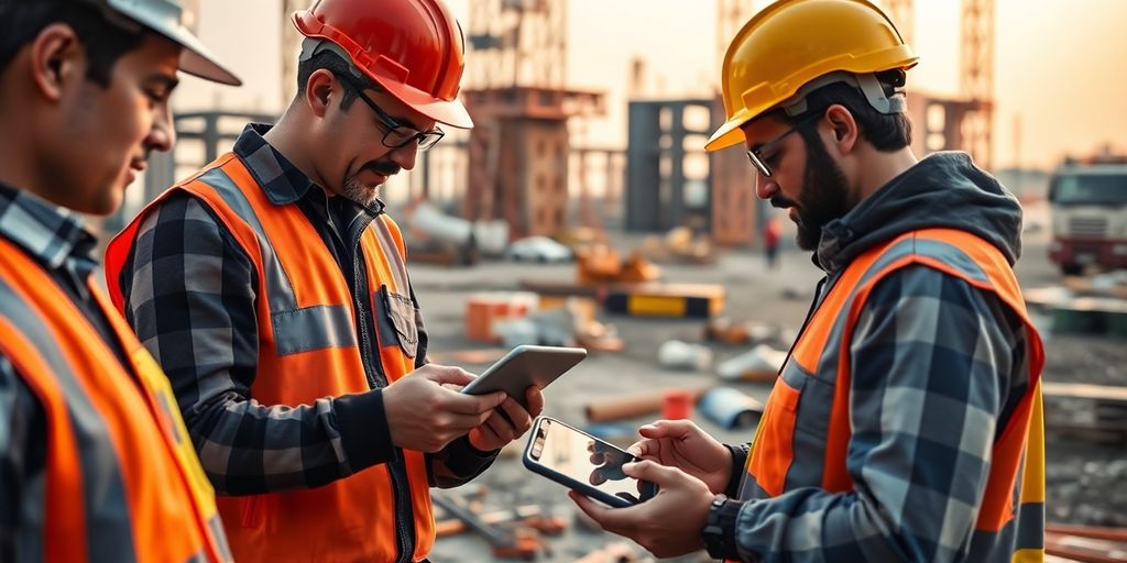 Trabalhadores em um canteiro de obras com tecnologia.