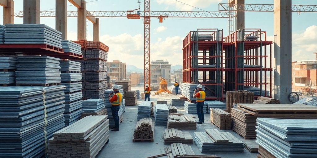 Cenário hiper-realista de construção civil com trabalhadores.