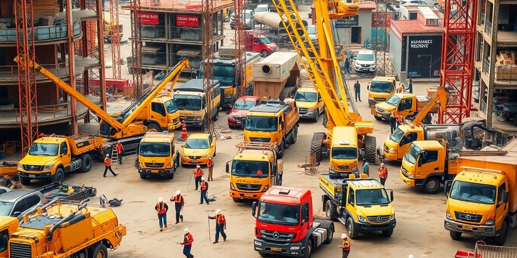 Cenas de um canteiro de obras com máquinas em movimento.