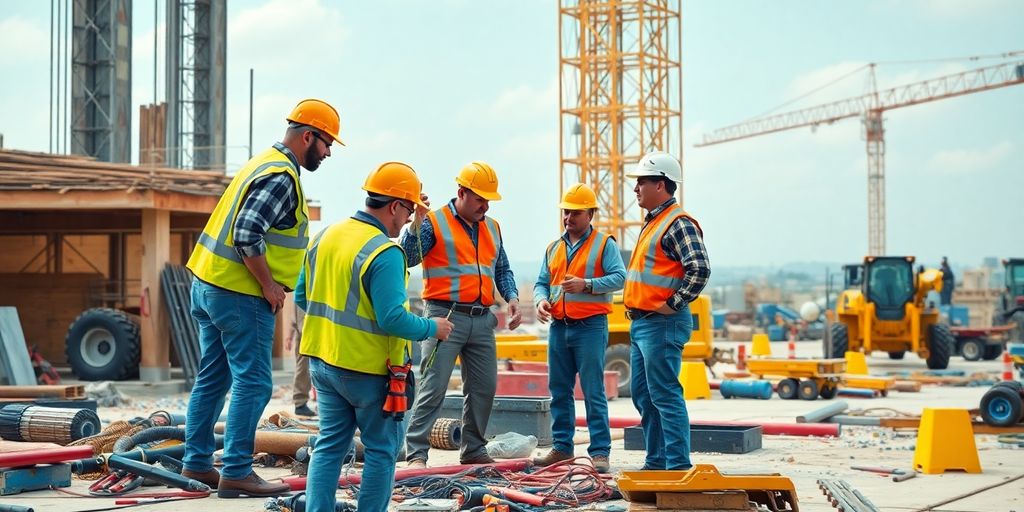 Trabalhadores da construção civil colaborando em um canteiro de obras.