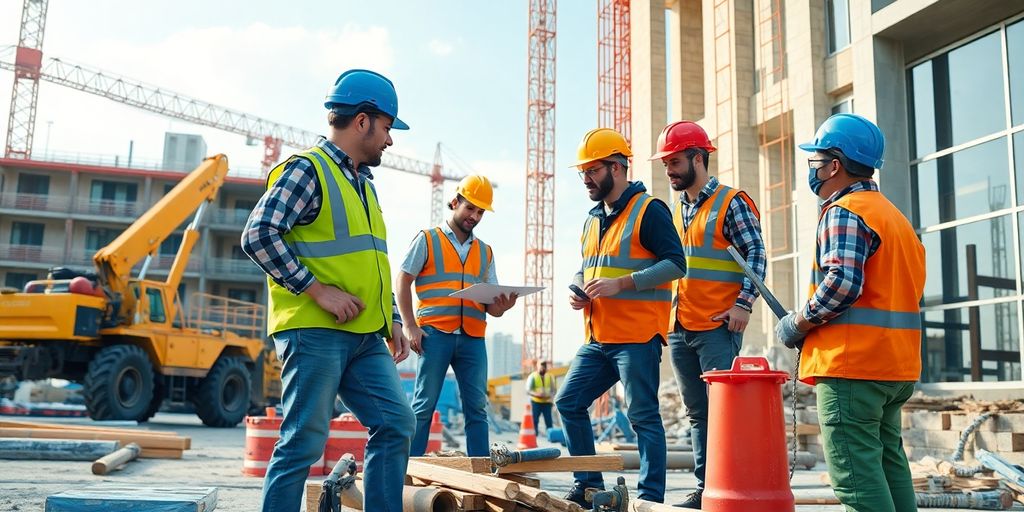 Trabalhadores da construção colaborando em um canteiro de obras.