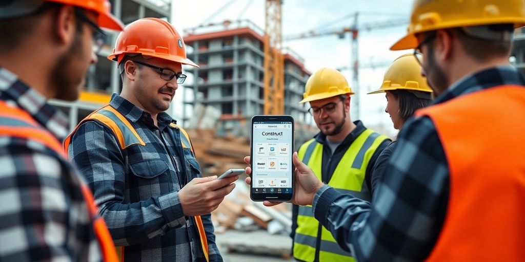 Trabalhadores da construção usando o aplicativo Construct.