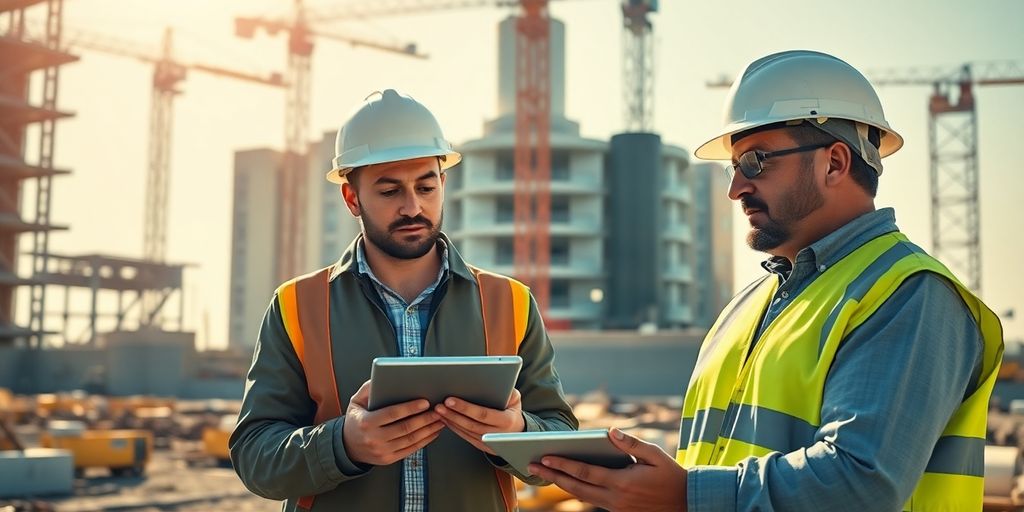 Trabalhadores analisando dados em canteiro de obras.