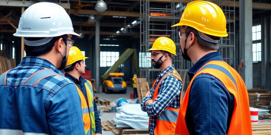 Imagem de um canteiro de obras com trabalhadores em segurança.