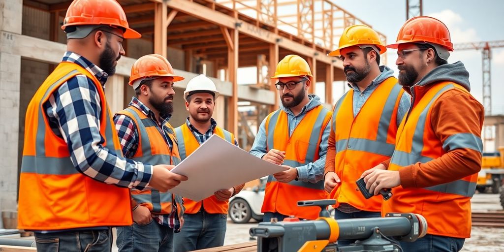 Equipe diversificada trabalhando na construção civil.