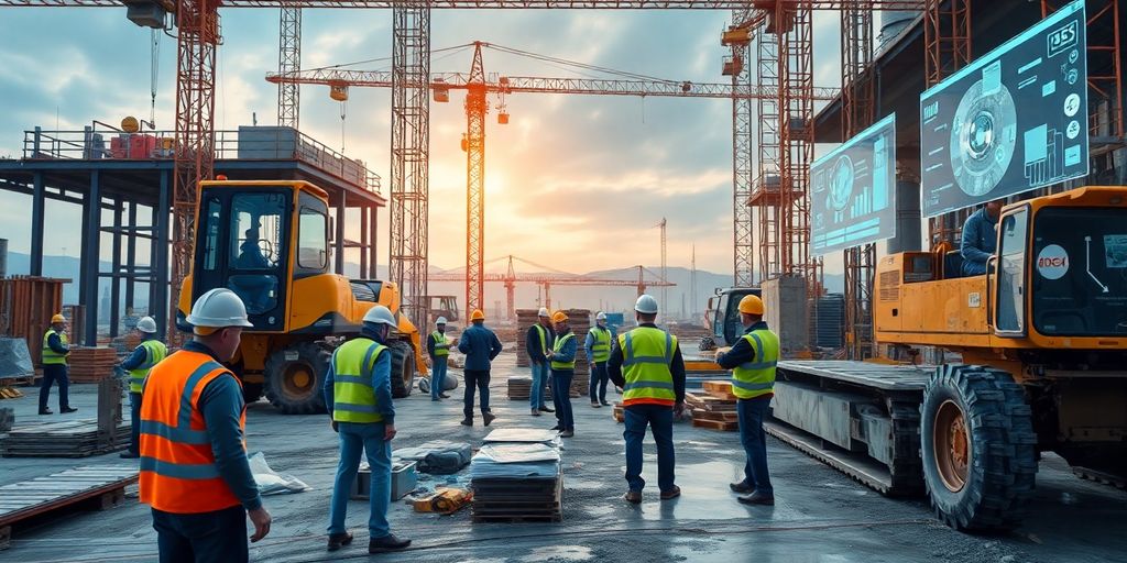 Imagem de um canteiro de obras moderno e ativo.