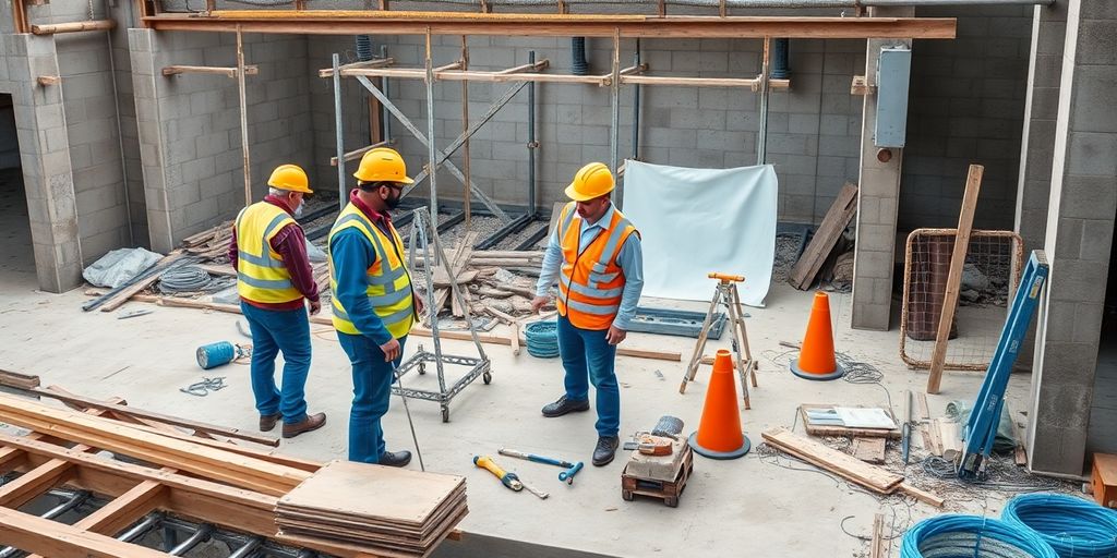 Trabalhadores em um canteiro de obras durante uma vistoria.