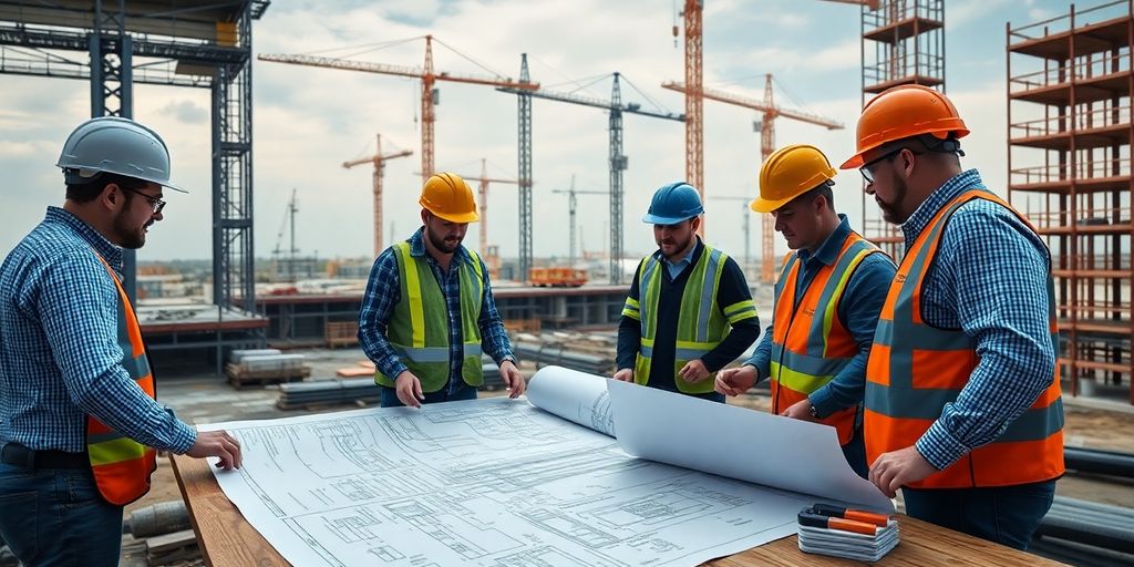 Obra com trabalhadores e plantas em um canteiro.