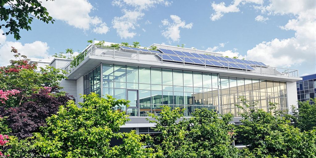 Edifício moderno com elementos de sustentabilidade e tecnologia.