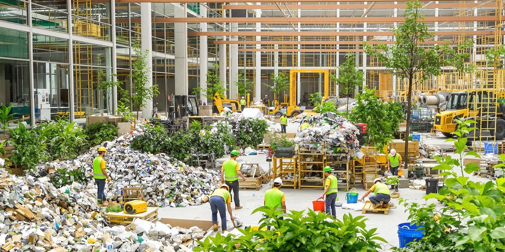 Canteiro de obras com materiais reciclados e plantas verdes.