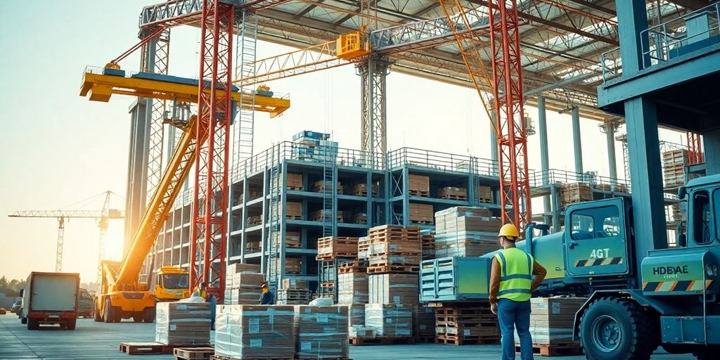 Canteiro de obras com trabalhadores e logística eficiente.