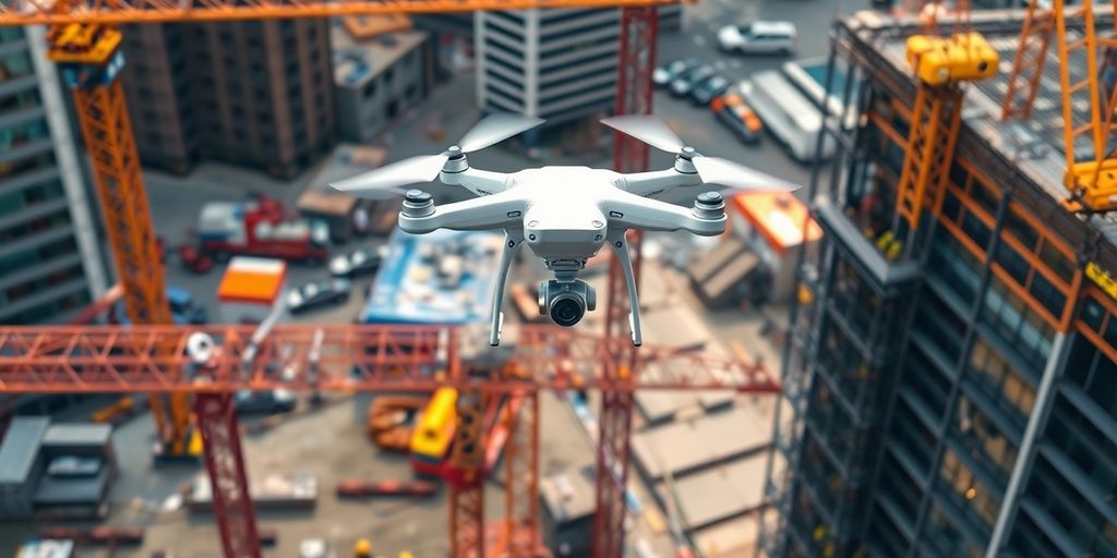 Drones sobre canteiro de obras na construção civil.