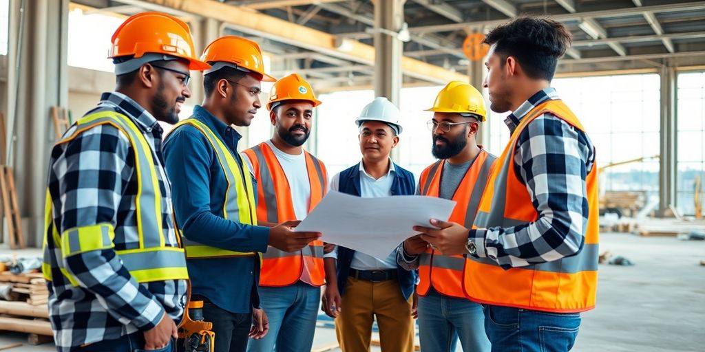 Equipe de construção colaborando em um projeto