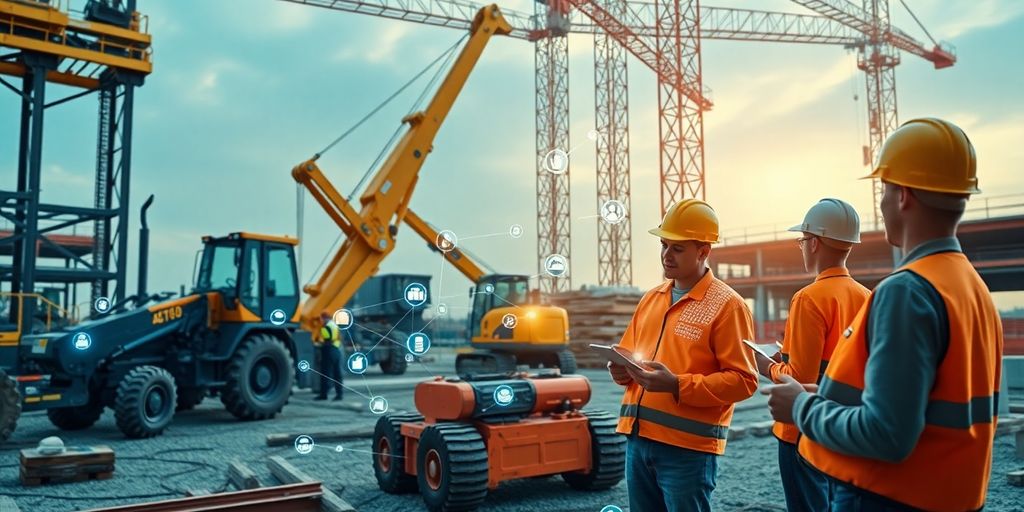 Canteiro de obras moderno com tecnologia IoT integrada.