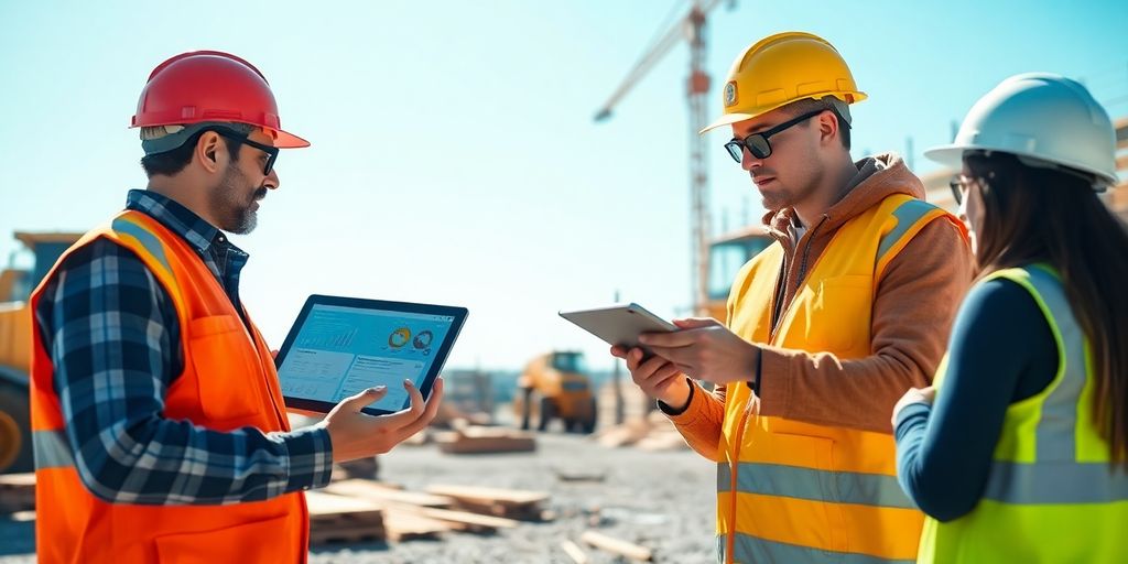 Imagem de um canteiro de obras com tecnologia moderna.